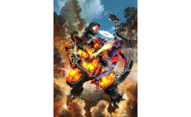 godzilla, eva 02, eva 01, eva 00, eva 02 prime beta, and 1 more (neon genesis evangelion and 3 more) drawn by anno_hideaki