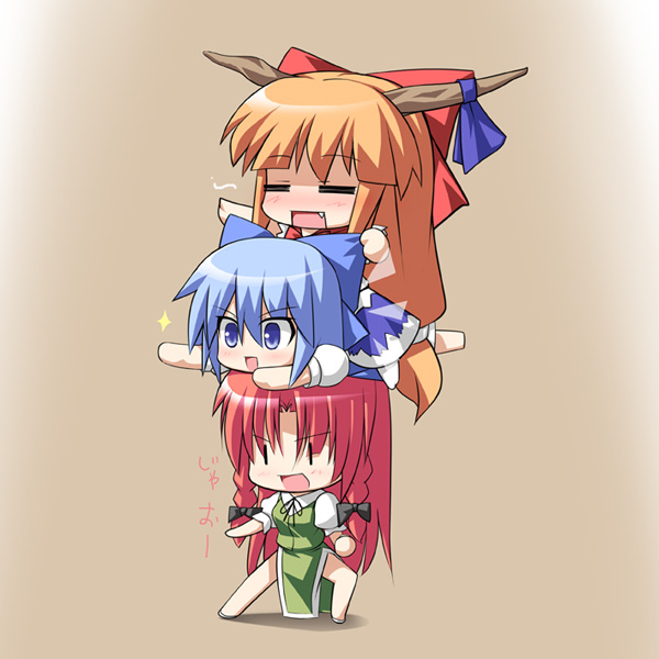 cirno, hong meiling, and ibuki suika (touhou) drawn by katami_shinta