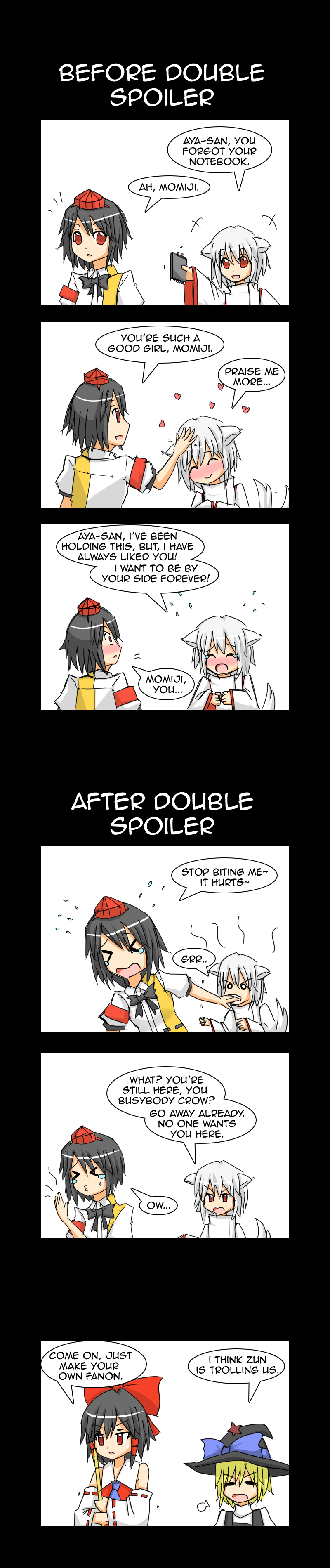 hakurei reimu, kirisame marisa, shameimaru aya, and inubashiri momiji (touhou) drawn by lunarisaileron