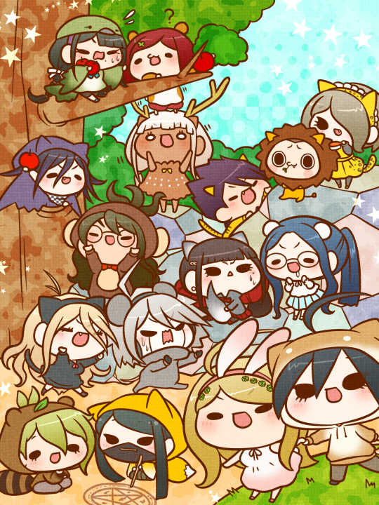 oma kokichi, saihara shuichi, akamatsu kaede, harukawa maki, momota kaito, and 9 more (danganronpa and 1 more) drawn by yumaru_(marumarumaru)