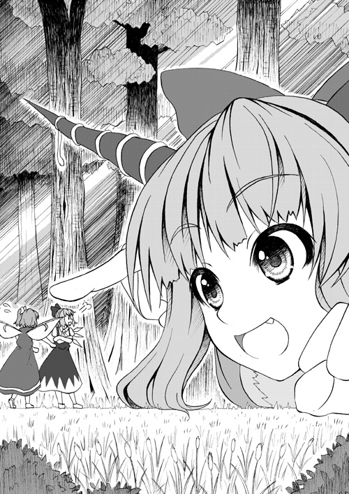 cirno, ibuki suika, and daiyousei (touhou) drawn by kuro_oolong