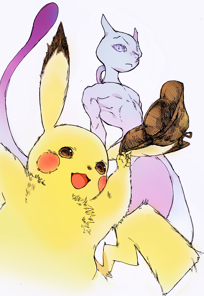 pikachu, mewtwo, and detective pikachu (pokemon and 1 more) drawn by salamanshe