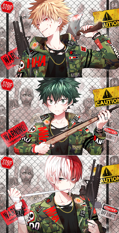 midoriya izuku, bakugou katsuki, and todoroki shoto (boku no hero academia) drawn by spoon_(jesing)