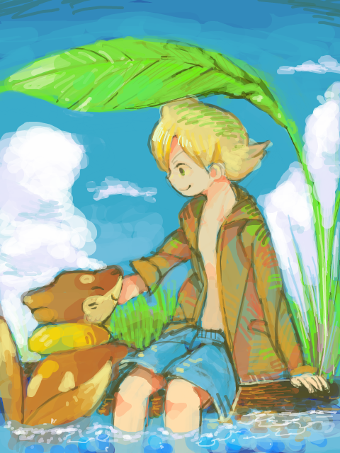 barry and buizel (pokemon and 1 more) drawn by houjicha_(hiro)