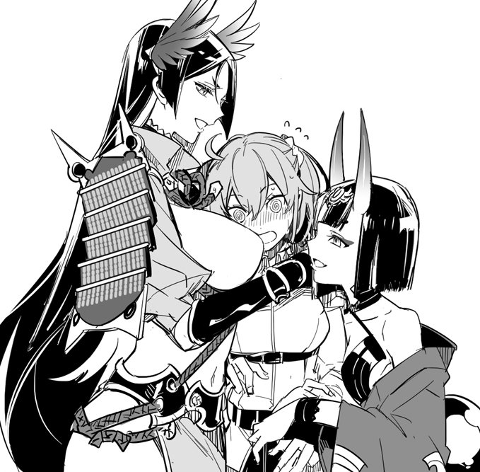 fujimaru ritsuka, shuten douji, and minamoto no raikou (fate and 1 more) drawn by in_kai