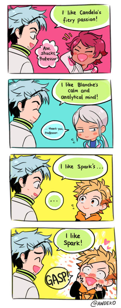 spark, candela, blanche, and professor willow (pokemon and 2 more) drawn by chancake