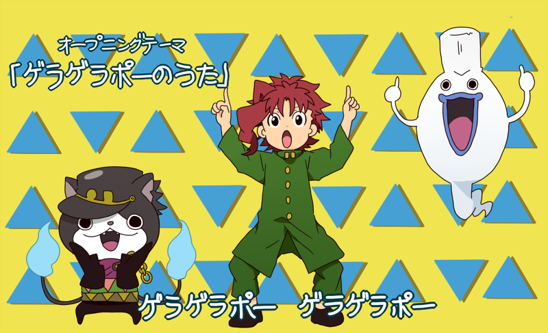 kujo jotaro, kakyoin noriaki, jean pierre polnareff, jibanyan, whisper, and 1 more (jojo no kimyou na bouken and 2 more) drawn by daruma_(sykdrm)
