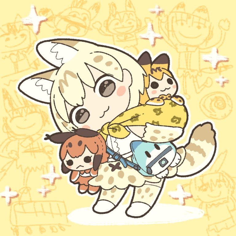serval, lucky beast, caracal, and white serval (kemono friends) drawn by kuro_shiro_(kuro96siro46)