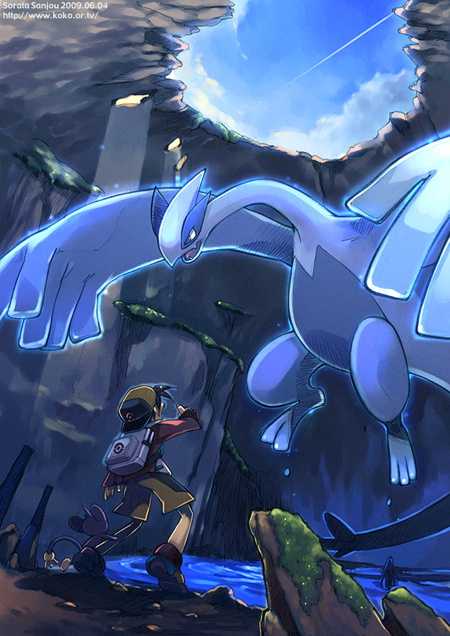 ethan, lugia, and aipom (pokemon and 1 more) drawn by sanjou_sorata