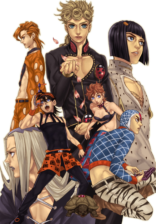 giorno giovanna, bruno bucciarati, guido mista, narancia ghirga, trish una, and 3 more (jojo no kimyou na bouken and 1 more) drawn by icym