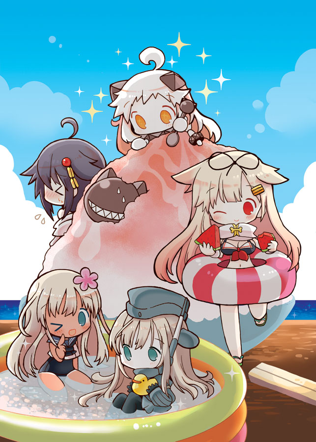 shigure, yuudachi, shigure kai ni, yuudachi kai ni, northern ocean princess, and 2 more (kantai collection) drawn by wishbone
