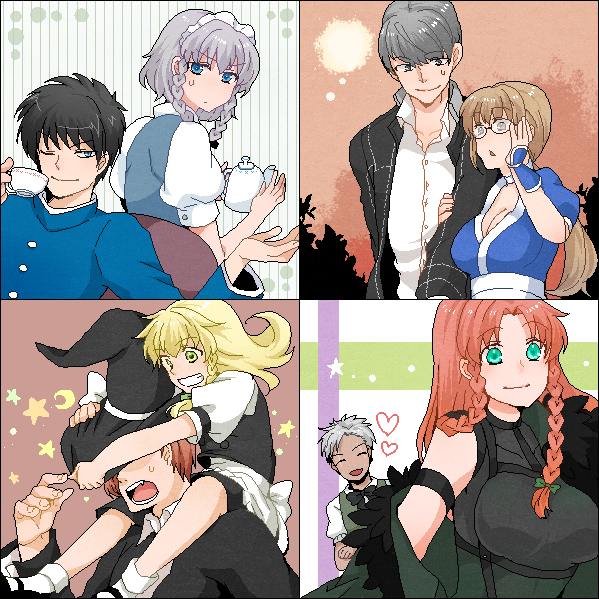 kirisame marisa, izayoi sakuya, hong meiling, narukami yu, kasumi, and 3 more (touhou and 7 more) drawn by kuroneko_(44yen)