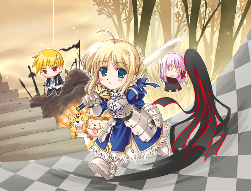 artoria pendragon, saber, gilgamesh, matou sakura, dark sakura, and 1 more (fate and 1 more) drawn by ankoromochi