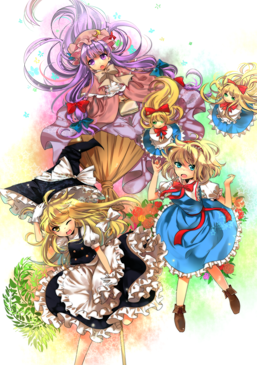 kirisame marisa, alice margatroid, patchouli knowledge, and shanghai doll (touhou) drawn by anthiea