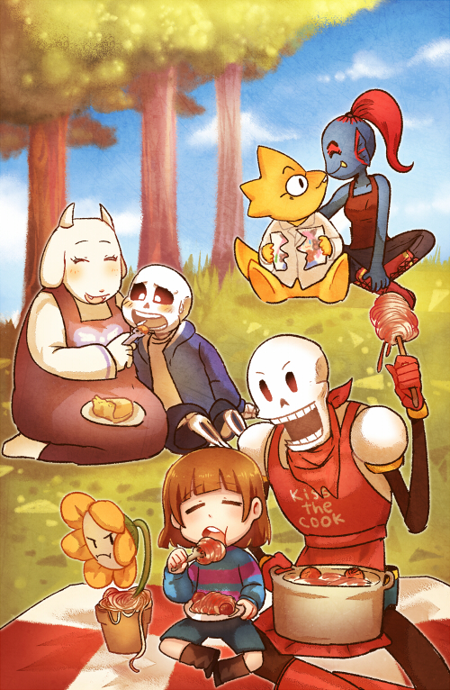 frisk, sans, papyrus, undyne, toriel, and 2 more (undertale) drawn by kataro