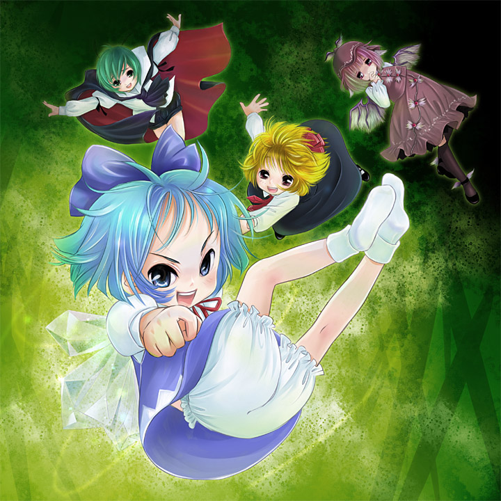 cirno, rumia, mystia lorelei, and wriggle nightbug (touhou) drawn by kubozuka_pikurou