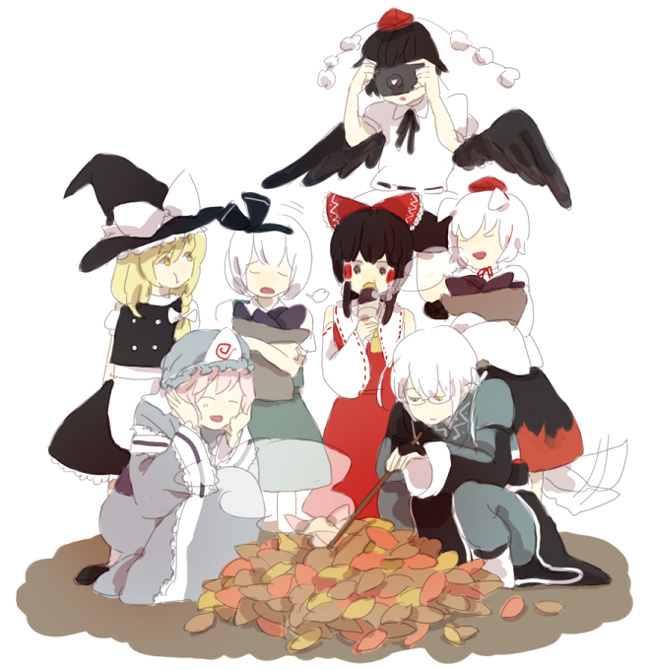 hakurei reimu, kirisame marisa, konpaku youmu, shameimaru aya, saigyouji yuyuko, and 2 more (touhou) drawn by hadano