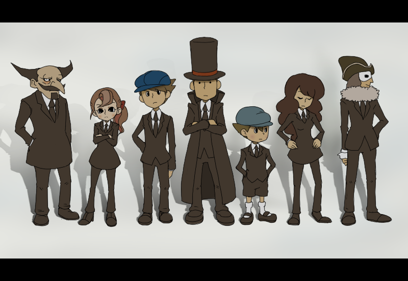 hershel layton, luke triton, future luke, remi altava, flora reinhold, and 1 more (ghost in the shell and 3 more) drawn by shiyunshin