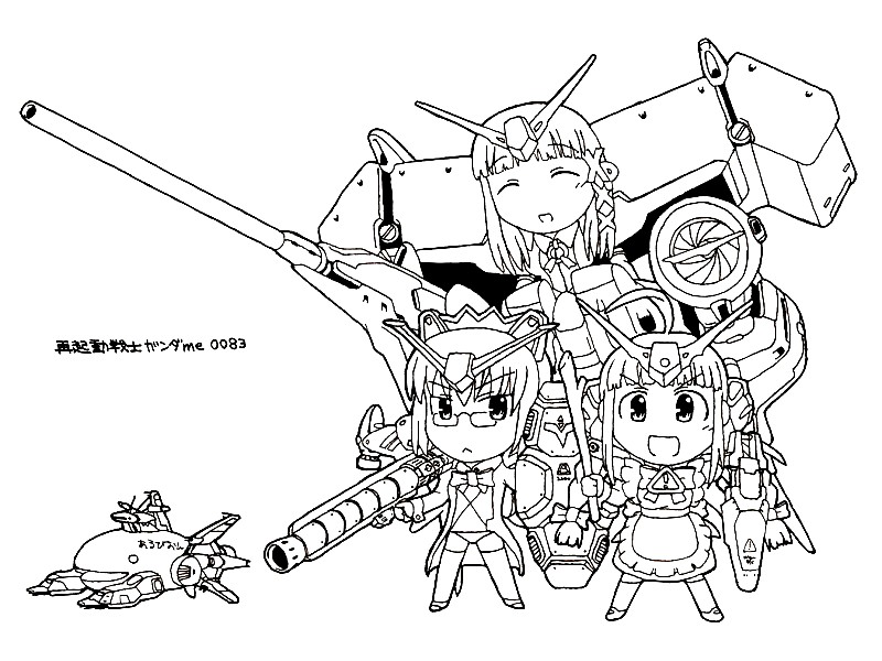xp-tan, me-tan, 2k-tan, gundam gp-02 physalis, gundam gp-03 stamen, and 1 more (gundam and 2 more) drawn by fukidamari_no_peke