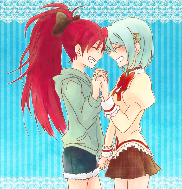 miki sayaka and sakura kyoko (mahou shoujo madoka magica) drawn by takeluuu