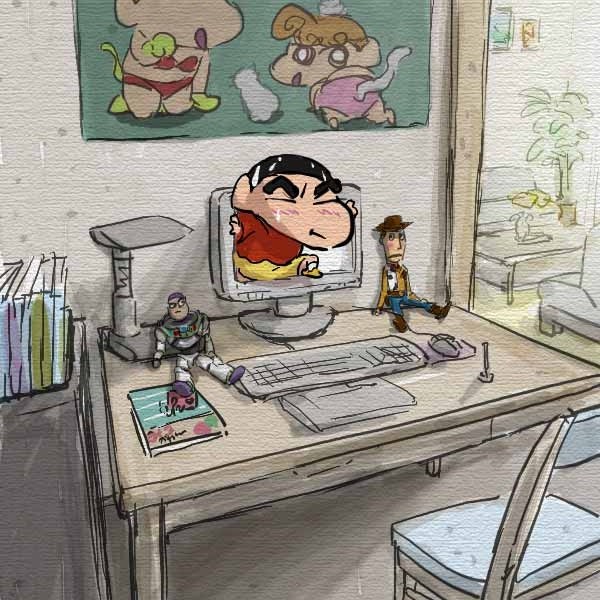 nohara shinnosuke, sheriff woody, nohara himawari, and buzz lightyear (crayon shin-chan and 1 more) drawn by burukyuu