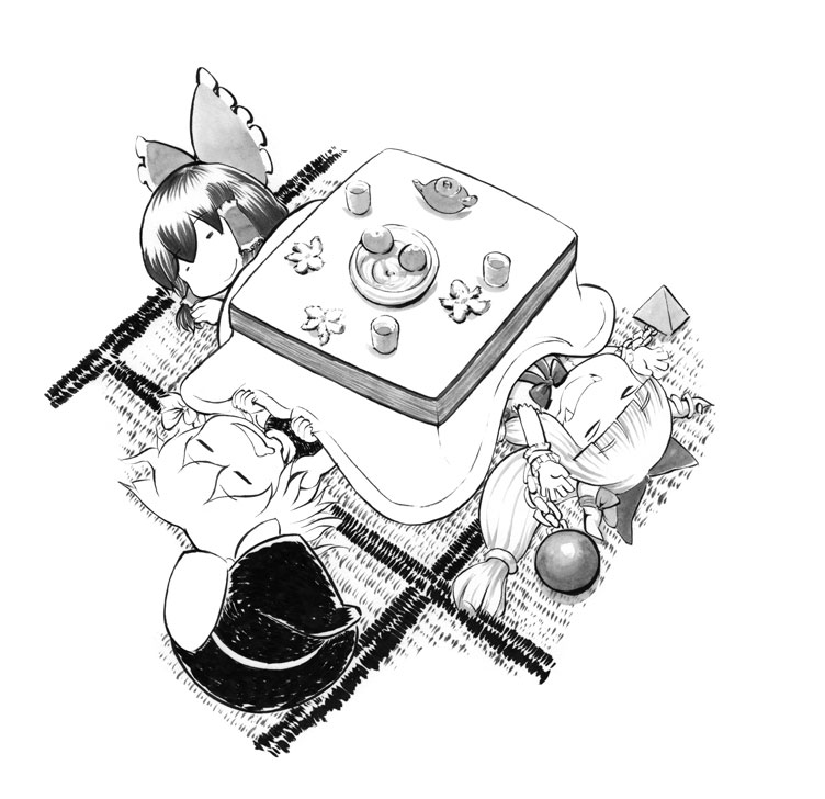 hakurei reimu, kirisame marisa, and ibuki suika (touhou) drawn by masuta