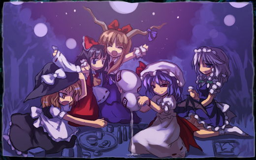 hakurei reimu, kirisame marisa, remilia scarlet, izayoi sakuya, and ibuki suika (touhou and 1 more) drawn by alphes