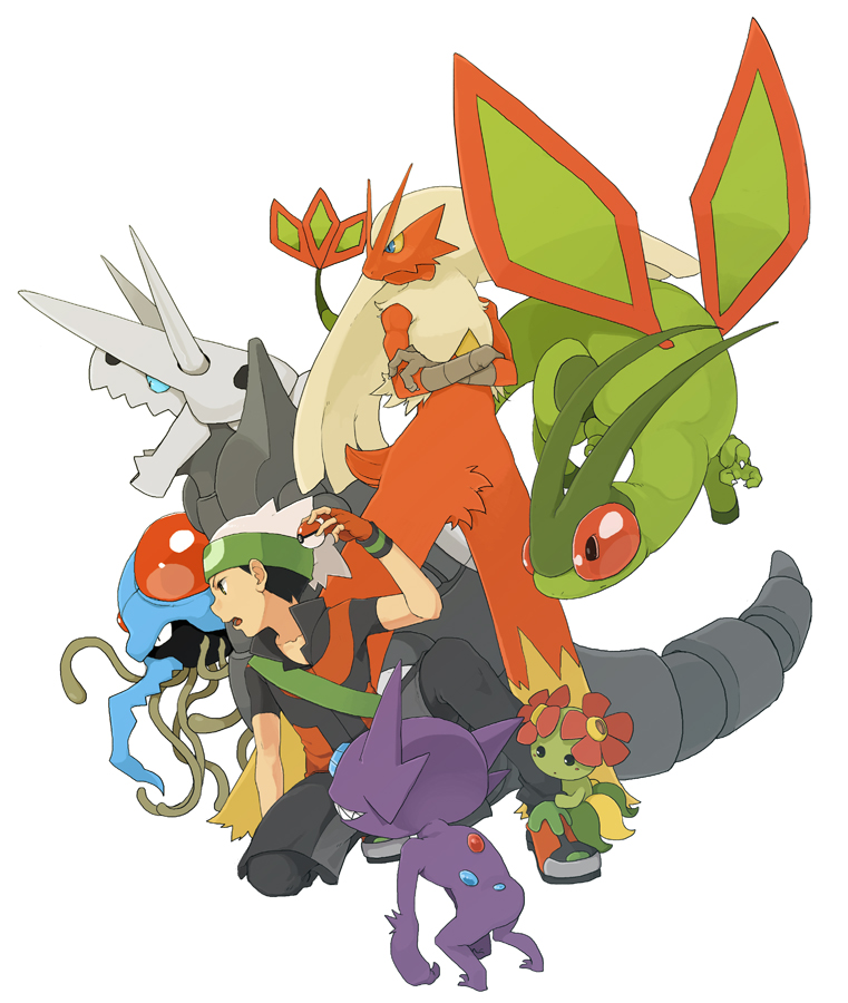 brendan, flygon, blaziken, sableye, aggron, and 2 more (pokemon and 1 more) drawn by nekonekoyukai