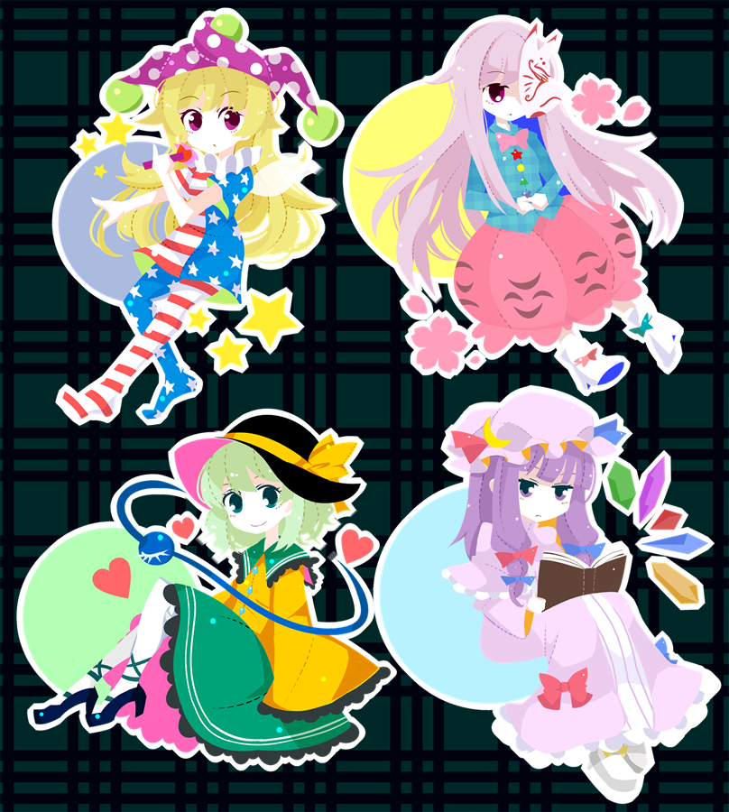 komeiji koishi, patchouli knowledge, hata no kokoro, and clownpiece (touhou) drawn by nosada