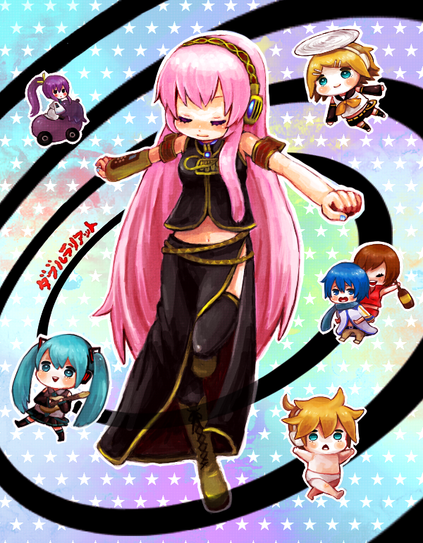 hatsune miku, kagamine rin, kagamine len, megurine luka, kaito, and 2 more (vocaloid and 1 more) drawn by asahi_(pamuko)