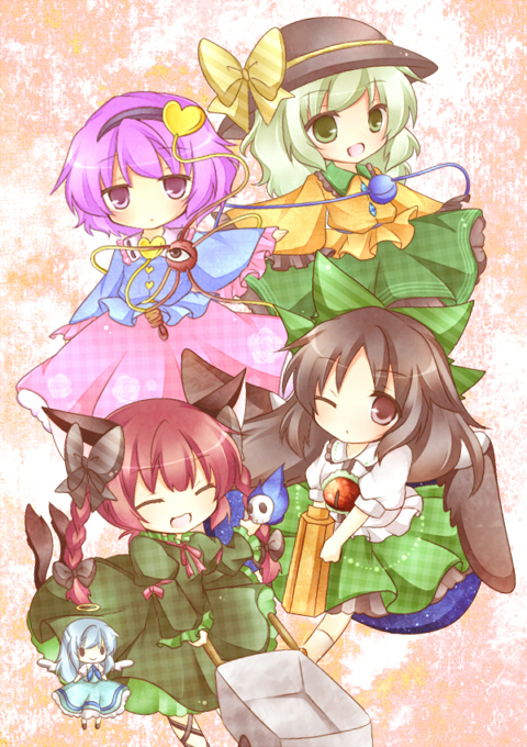 komeiji koishi, komeiji satori, kaenbyou rin, reiuji utsuho, and zombie fairy (touhou) drawn by kureha_goya