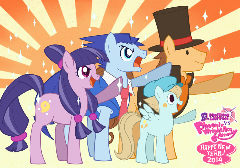 phoenix wright, maya fey, hershel layton, and luke triton (ace attorney and 4 more) drawn by magarikado