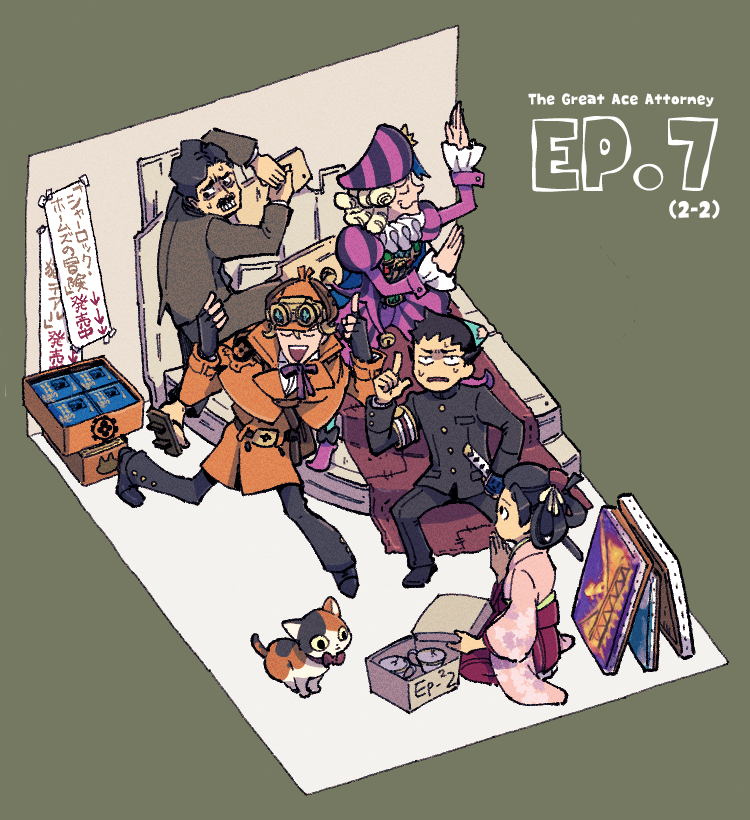 ryunosuke naruhodo, herlock sholmes, susato mikotoba, wagahai, soseki natsume, and 1 more (ace attorney and 3 more) drawn by shino_(shino_dgs)