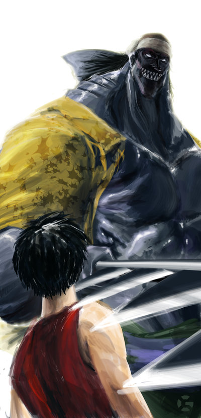 monkey d. luffy and arlong (one piece) drawn by supergx