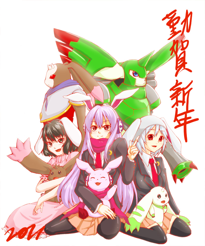 reisen udongein inaba, inaba tewi, reisen, terriermon, lopmon, and 3 more (touhou and 1 more) drawn by fujisaki_subaru