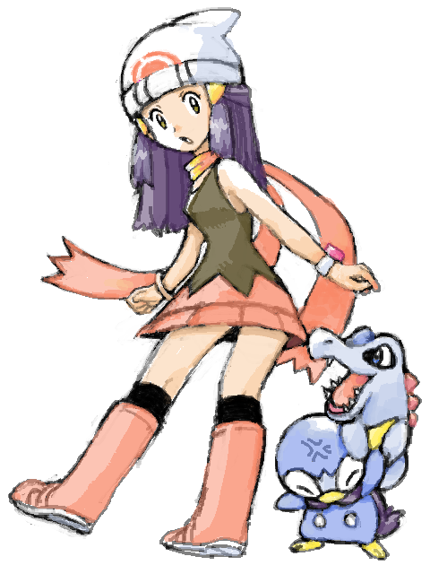 dawn, piplup, and totodile (pokemon and 1 more) drawn by tenzaru_(tegaki)