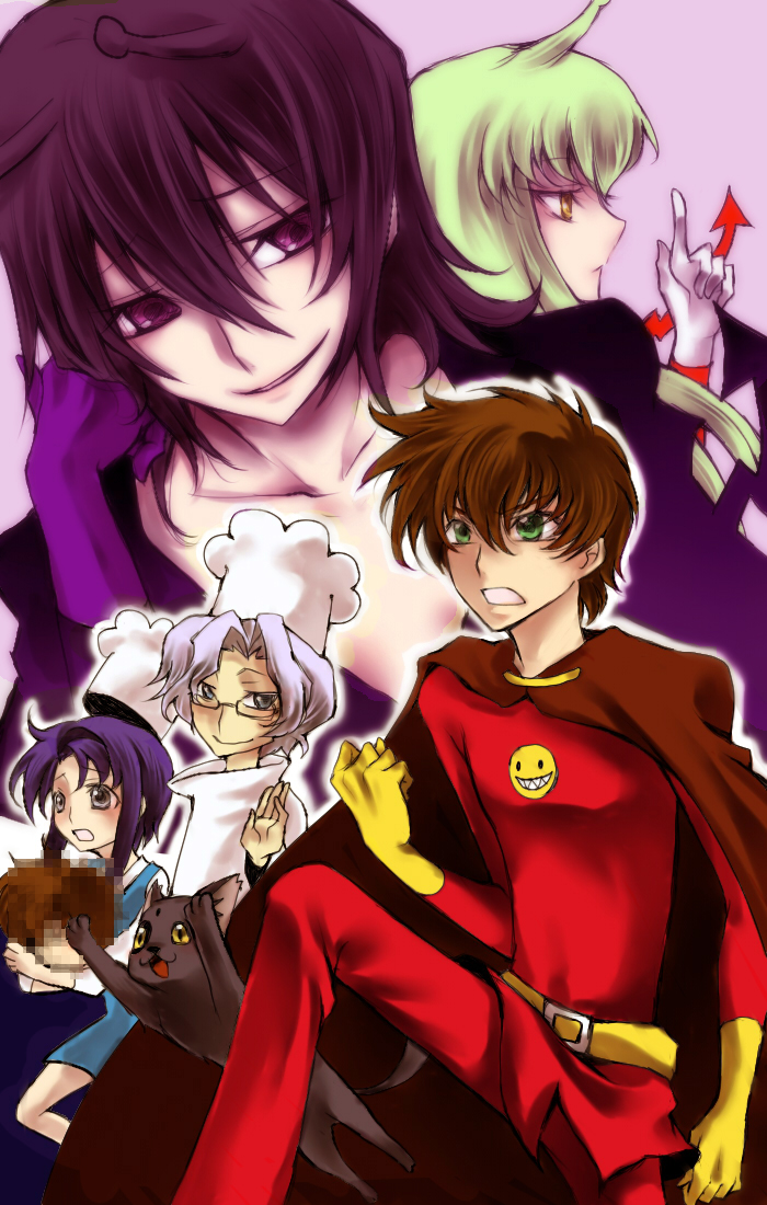 c.c., lelouch vi britannia, kururugi suzaku, cecile croomy, lloyd asplund, and 1 more (code geass and 1 more) drawn by ryou_no_(orancyan)