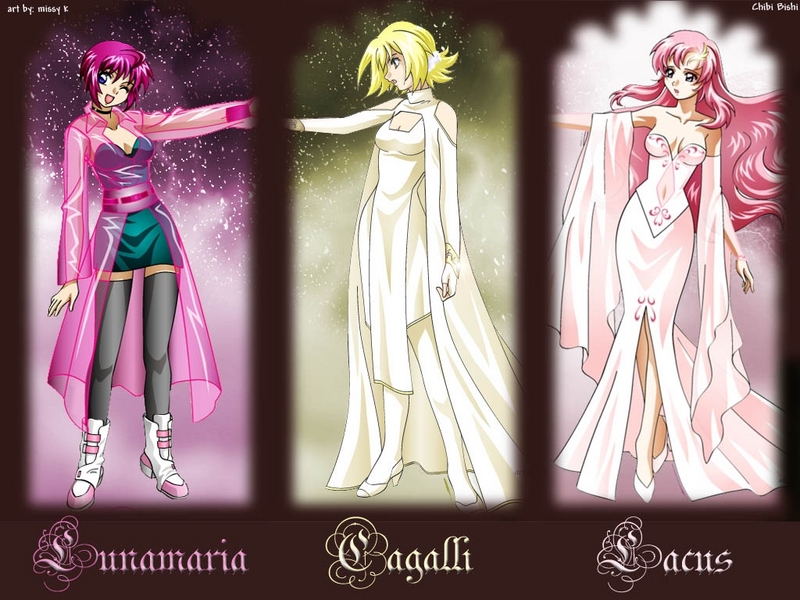 cagalli yula athha, lacus clyne, and lunamaria hawke (gundam and 2 more)