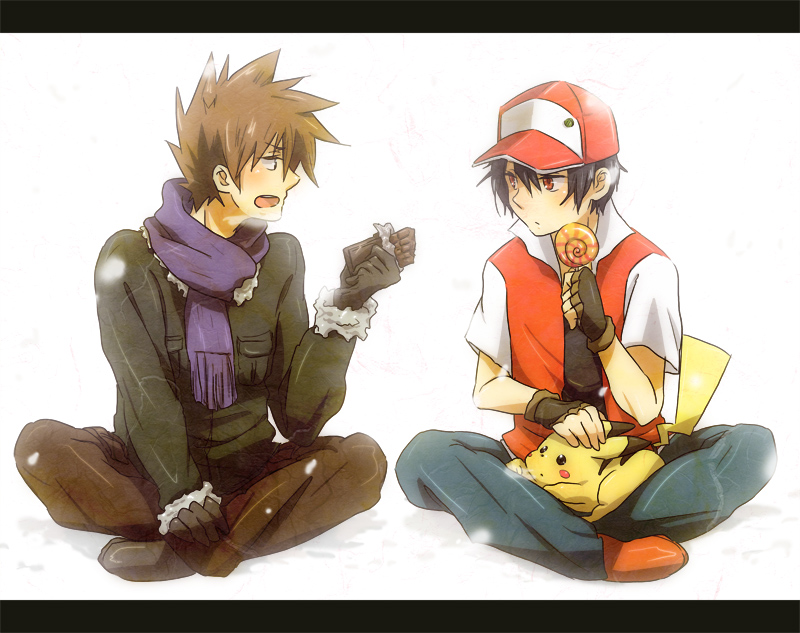 pikachu, red, and blue oak (pokemon and 2 more) drawn by tsukimushi