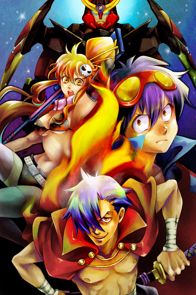 yoko littner, simon, kamina, and gurren-lagann (tengen toppa gurren lagann) drawn by yoshii_kyoko