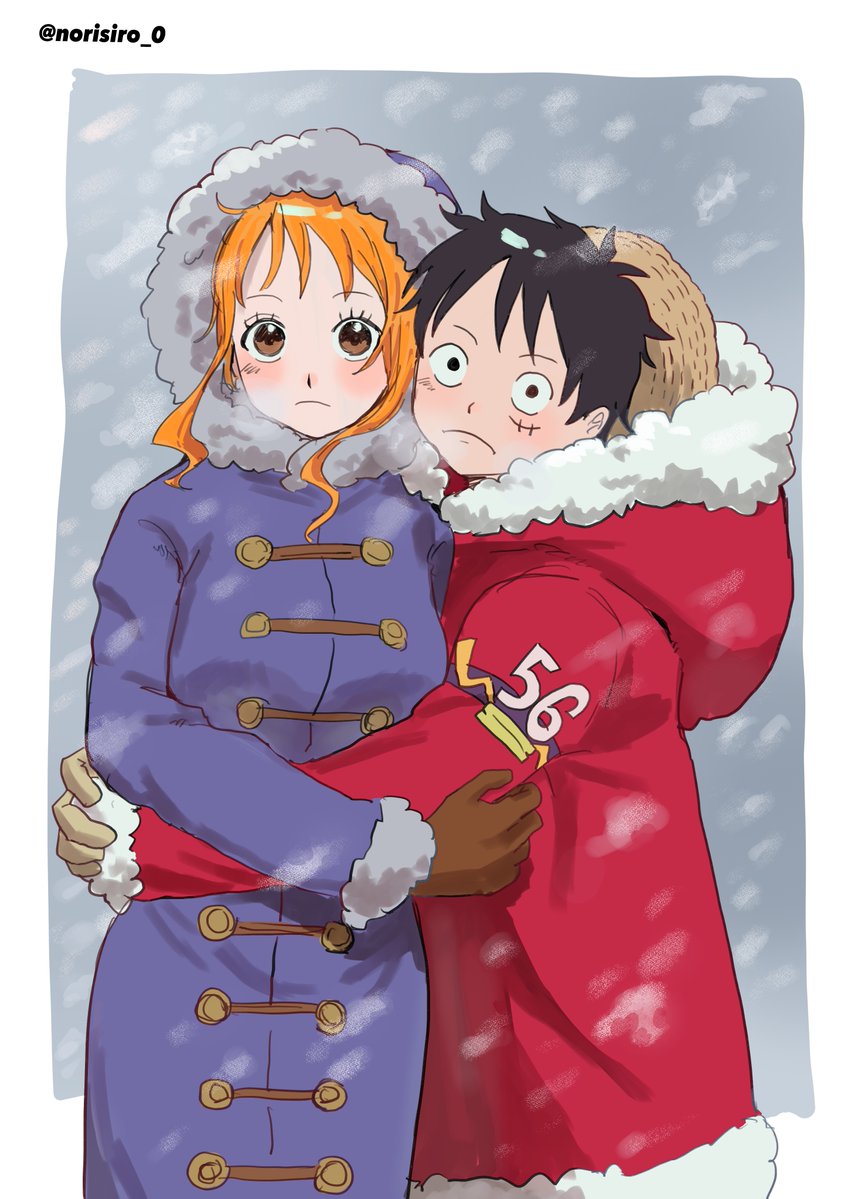 nami and monkey d. luffy (one piece) drawn by norisiro_0