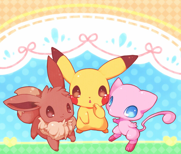 pikachu, eevee, and mew (pokemon) drawn by okamori_kuo