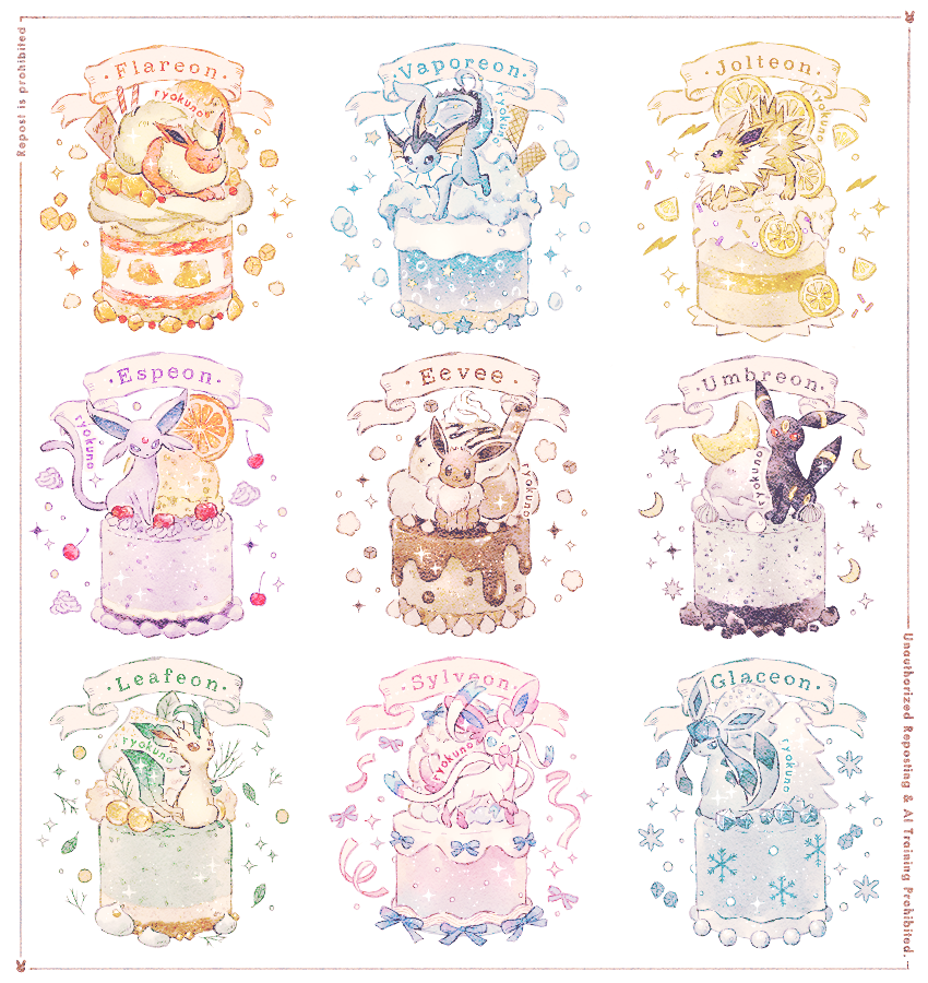 eevee, sylveon, umbreon, glaceon, vaporeon, and 4 more (pokemon) drawn by ryokuno_green