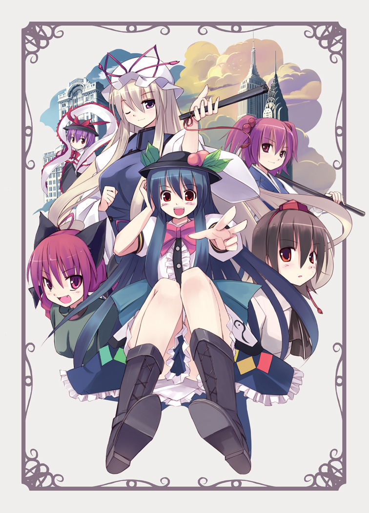 yakumo yukari, shameimaru aya, kaenbyou rin, hinanawi tenshi, onozuka komachi, and 1 more (touhou) drawn by seo_tatsuya