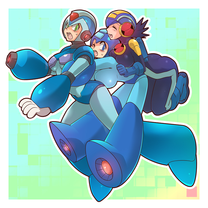 x, mega man, and megaman.exe (mega man and 2 more) drawn by yumiya