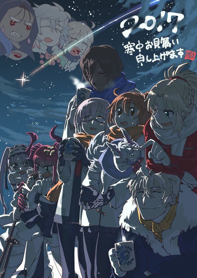 mash kyrielight, fujimaru ritsuka, okita souji, cu chulainn, mordred, and 7 more (fate and 1 more) drawn by tsuru_(clainman)
