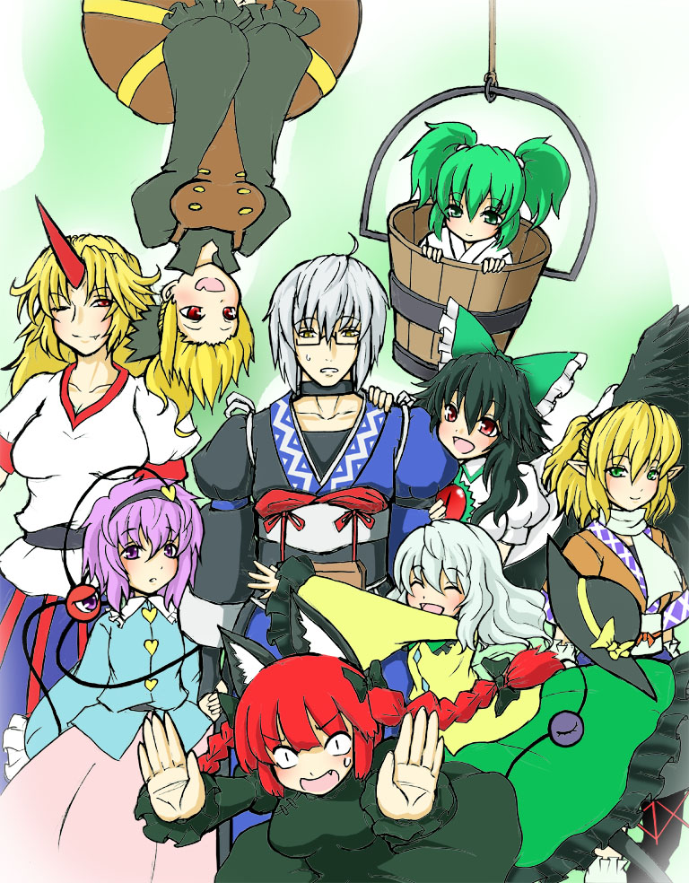 komeiji koishi, komeiji satori, kaenbyou rin, reiuji utsuho, mizuhashi parsee, and 4 more (touhou and 1 more) drawn by shinadume
