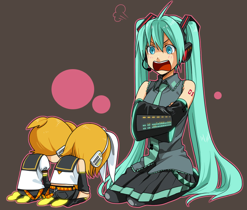 hatsune miku, kagamine rin, and kagamine len (vocaloid) drawn by mori_(unknown.)
