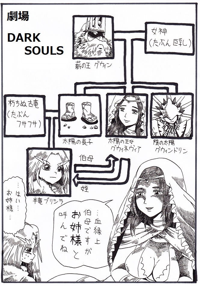dark sun gwyndolin, priscilla the crossbreed, queen of sunlight gwynevere, and gwyn lord of cinder (dark souls and 1 more) drawn by nameless_(rynono09)