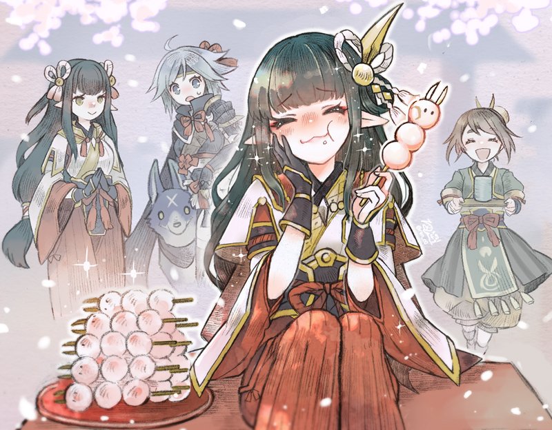 hinoa, minoto, canyne, and yomogi (monster hunter and 1 more) drawn by ren-co